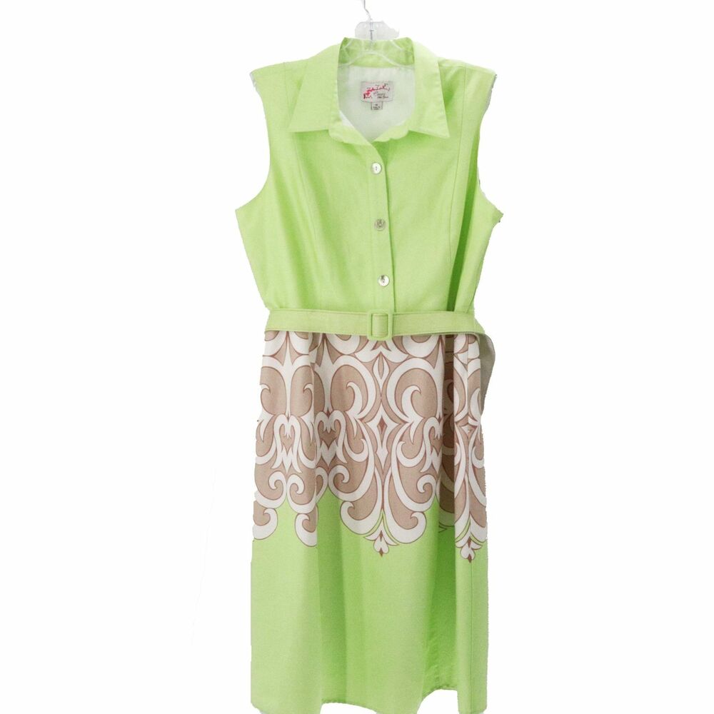 Ceces New York Dress Women 14 Fit Flare Green Tan Floral Lined Cotton Blend